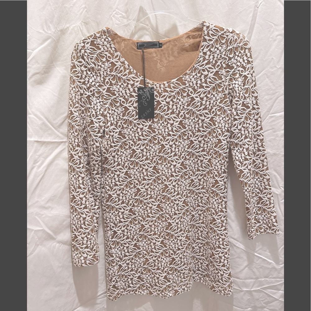 Zashi LaceLong SleeveMini Dress Taupe-Cream Sz S